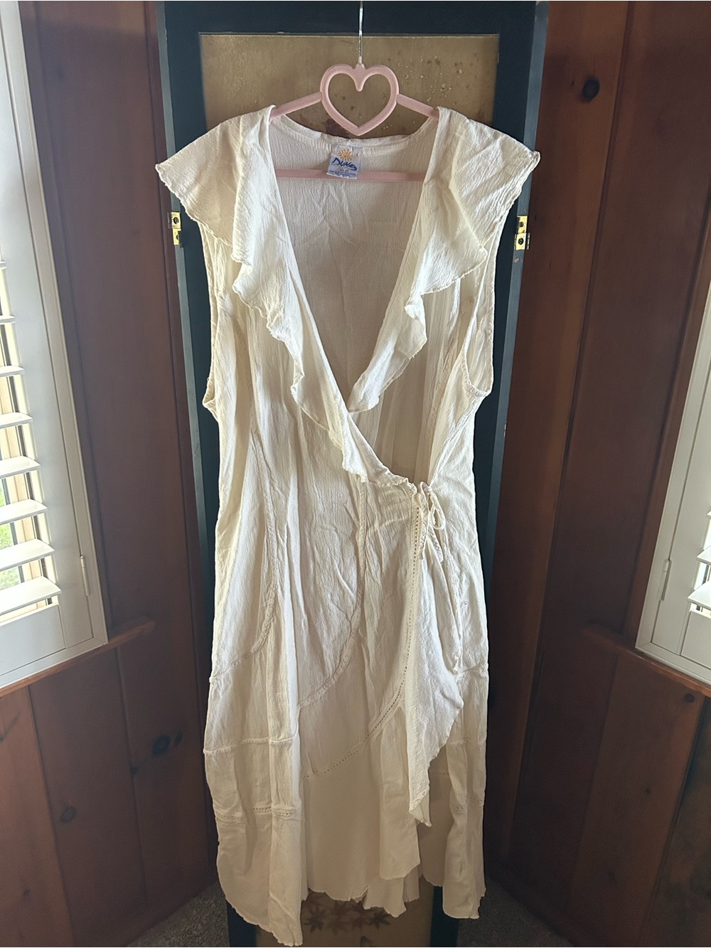 Lightweight Cream Wrap Midi Dress with Ruffle Trim